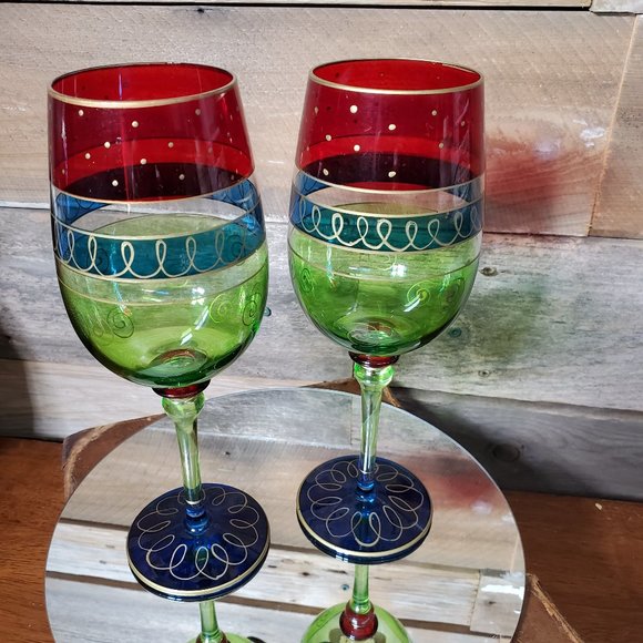 Vintage 90's Handpainted Crystal Christmas Bordeaux Wine Glasses - Pair